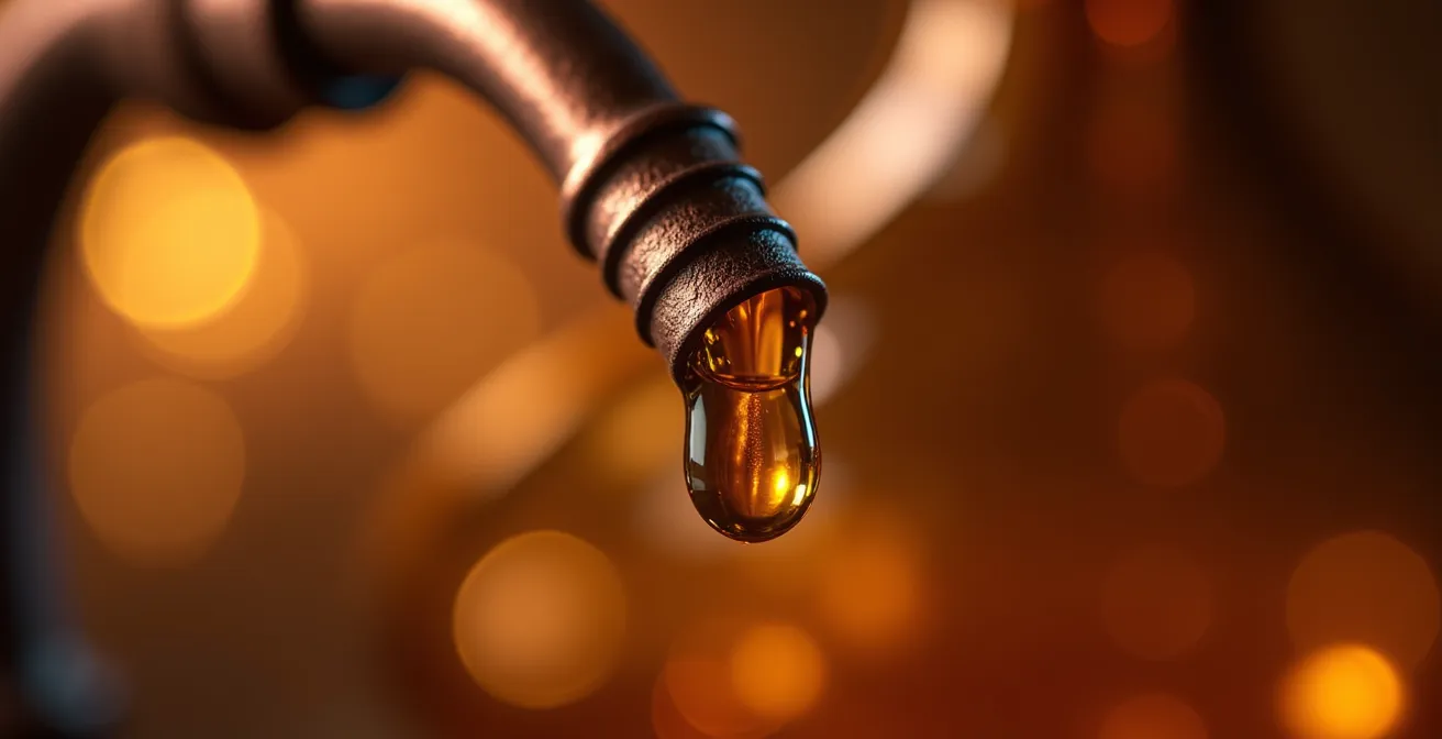 Gros plan sur un alambic en cuivre traditionnel avec des gouttes d'huile essentielle tombant dans un récipient en verre