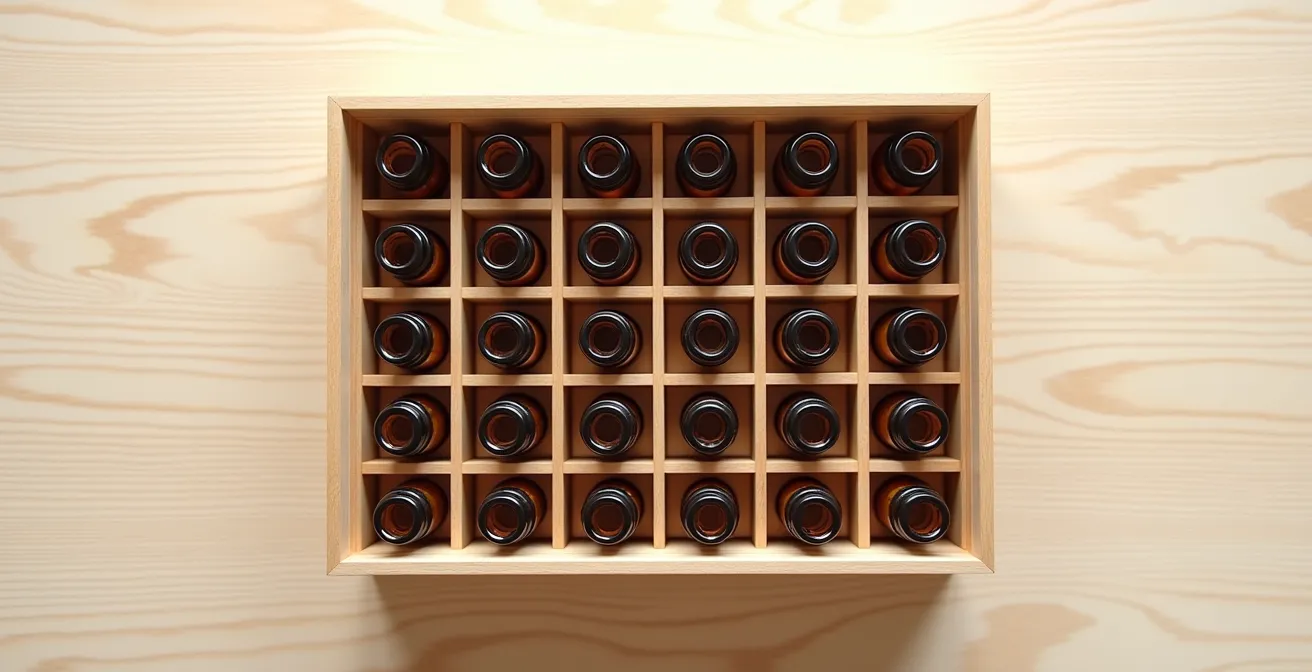 Vue du dessus d'une boîte en bois ouverte contenant des flacons d'huiles essentielles organisés par couleur